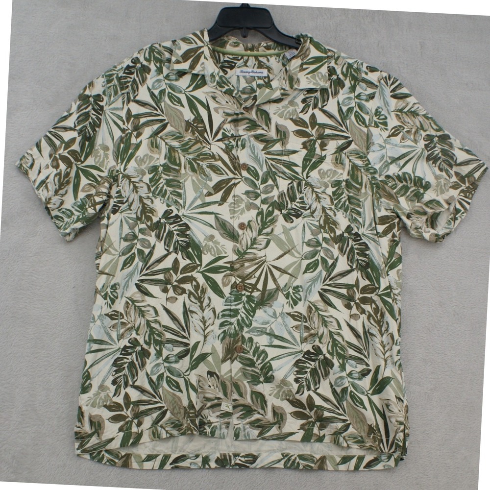 Tommy Bahama XL 100% Silk Leaf Print Short Sleeve Button Up Camp Shirt Green Tan